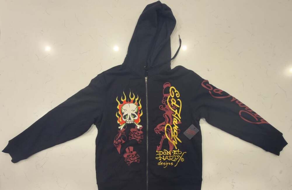 Ed Hardy Men's Flame Skull and Dagger Zip-Up Hoodie in Black